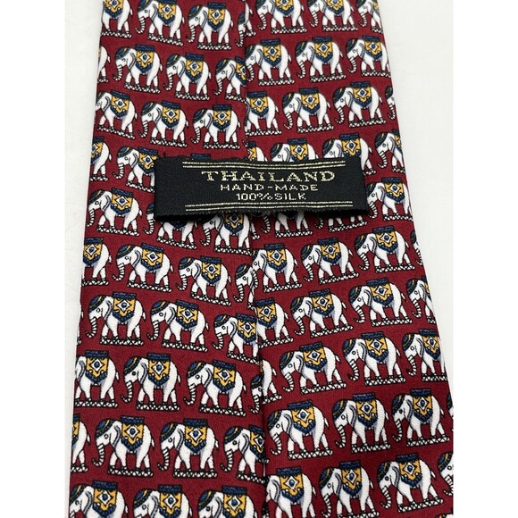 Rene Chagal Handmade Elephant Silk Tie Red Novelty Animal Print Thailand - Picture 3 of 3